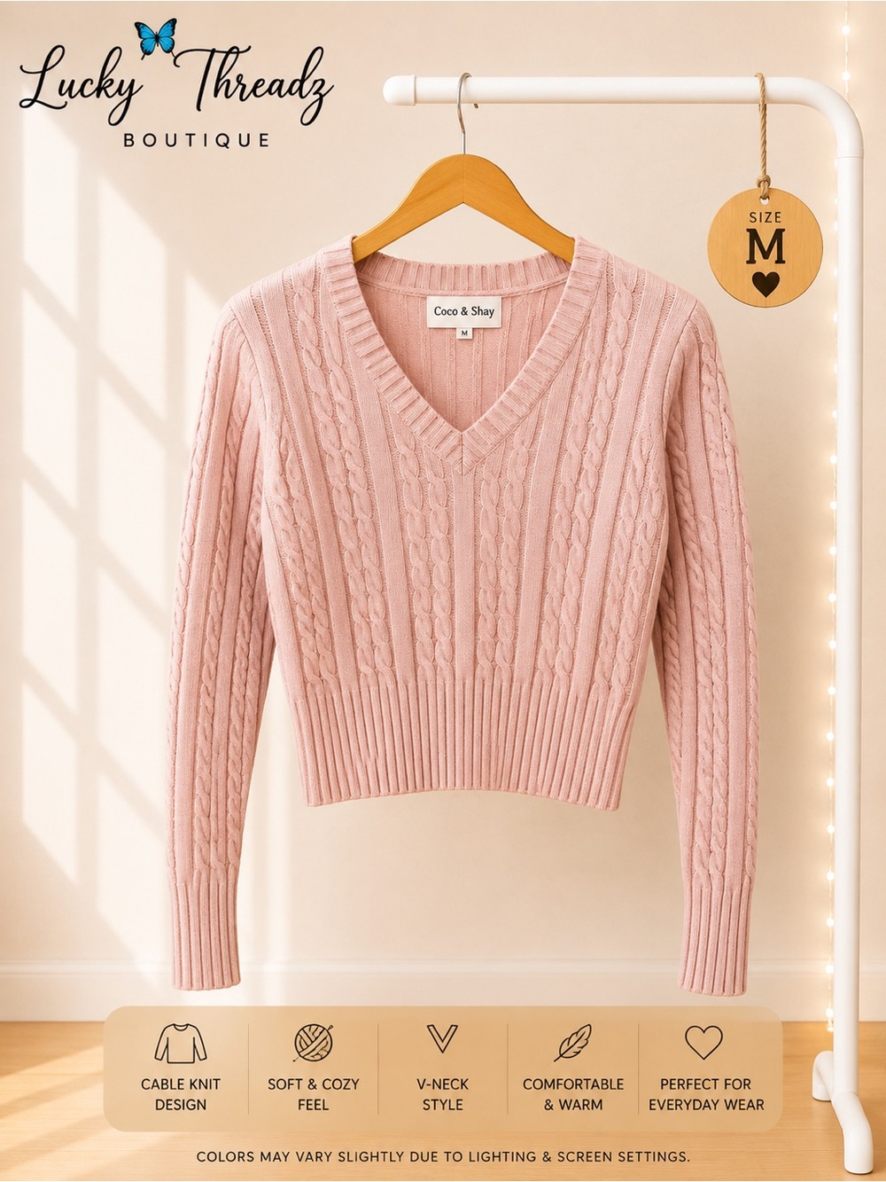 ⁠Coco & Shay Pink Cable Knit V-Neck Cropped Sweater Size M Soft Pullover⁠